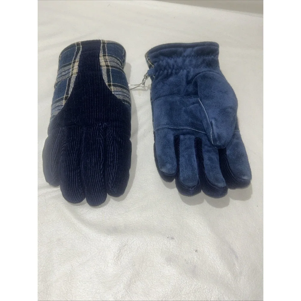 VINTAGE WELLS LAMONT HOTFINGERS MEN‎ GLOVES SIZE LARGE BLUE PLAID LINING ACRYIC